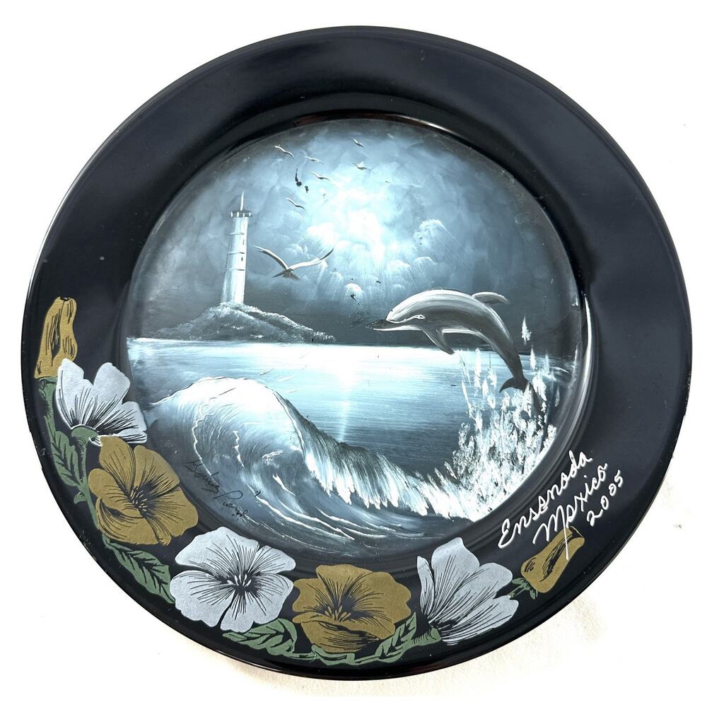 Hand Painted Arcoroc Glass Plate Dolphin Lighthouse Scene Ensenada Mexico - Picture 3 of 7